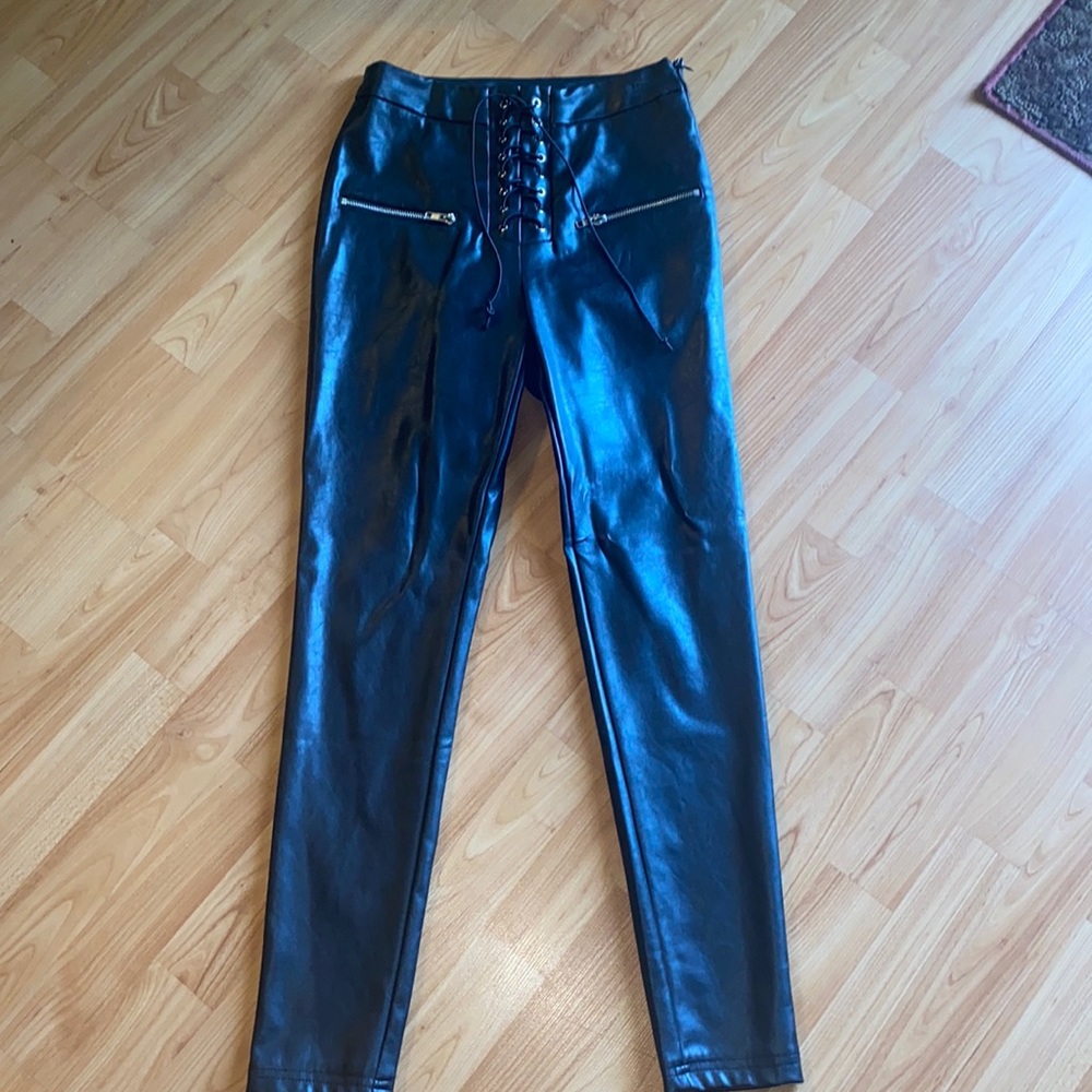 Cute Tie up black leather pants